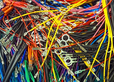 Close up of colorful tangled wires